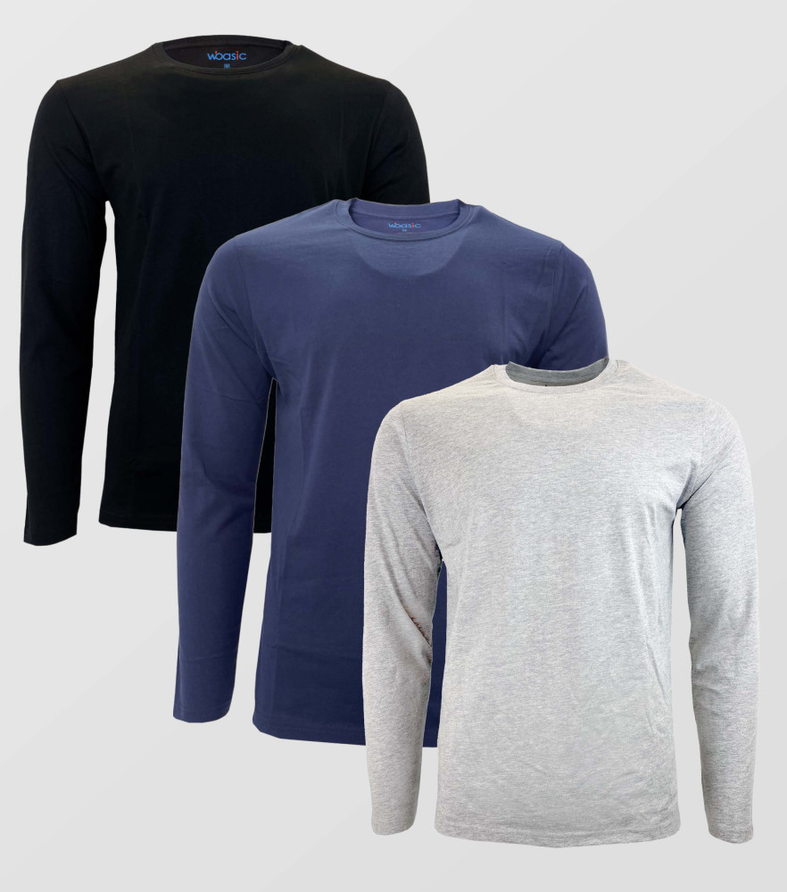 Crew Neck Cotton Long Sleeve Solid T-shirt with 3Pcs Pack ( Black/Navy/Grey)